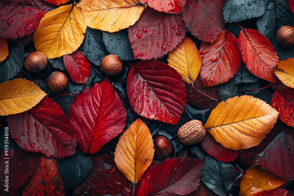 Squirrel holding a walnut, surrounded by colorful autumn leaves and walnuts. Squirrel holding a walnut, surrounded by colorful autumn leaves and walnuts.