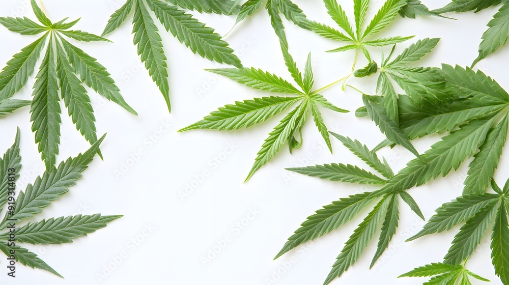 Marijuana leaves on a white background, close up top view on cannabis leaves and branches on white background for alternative medical and marketing design concept Marijuana leaves on a white background, close up top view on cannabis leaves and branches on white background for alternative medical and marketing design concept