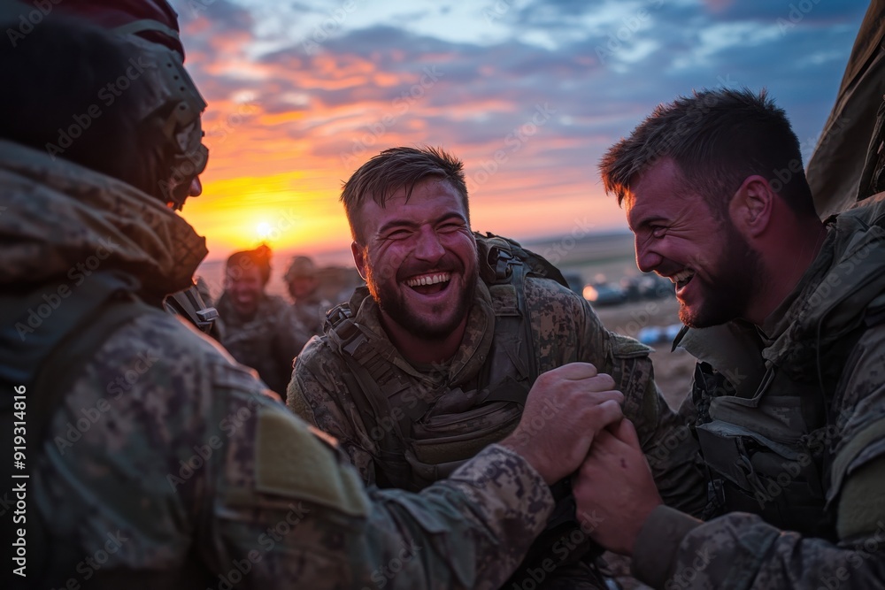 Two soldiers in uniform enjoy a lighthearted moment of camaraderie amidst a sunset, highlighting the bonds and resilience formed during their service in challenging conditions. Two soldiers in uniform enjoy a lighthearted moment of camaraderie amidst a sunset, highlighting the bonds and resilience formed during their service in challenging conditions.
