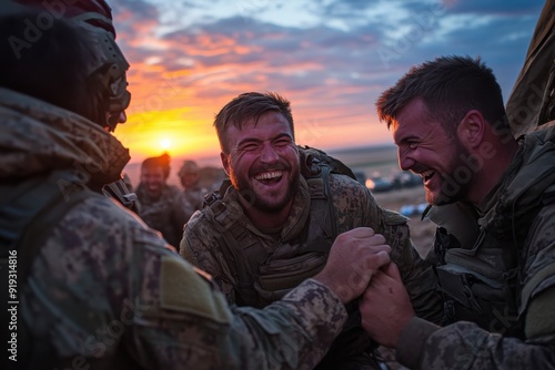 Two soldiers in uniform enjoy a lighthearted moment of camaraderie amidst a sunset, highlighting the bonds and resilience formed during their service in challenging conditions. photo