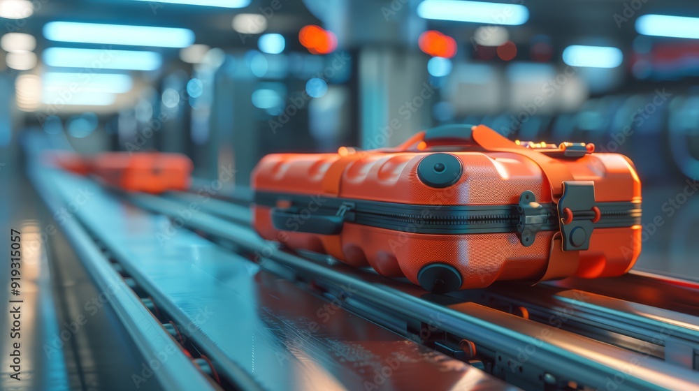 Modern suitcase or luggage on a moving conveyor belt at an airport terminal, travel and baggage claim concept with a focus on transportation and journey, ideal for airline, vacation, and travel-relate Modern suitcase or luggage on a moving conveyor belt at an airport terminal, travel and baggage claim concept with a focus on transportation and journey, ideal for airline, vacation, and travel-relate