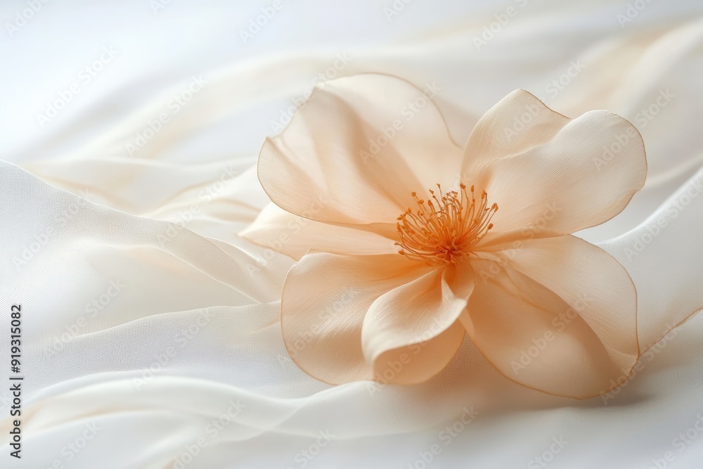 Obraz premium Close-up of a delicate peach-colored flower on white fabric.