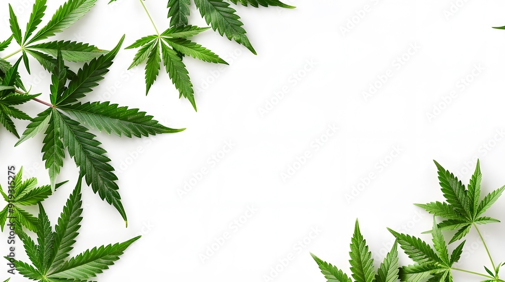 Marijuana leaves on a white background, close up top view on cannabis leaves and branches on white background for alternative medical and marketing design concept Marijuana leaves on a white background, close up top view on cannabis leaves and branches on white background for alternative medical and marketing design concept