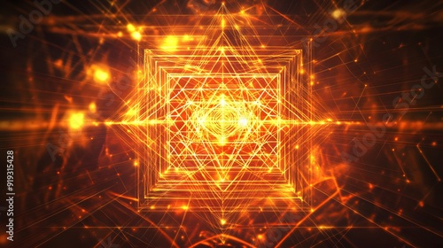 The Sri Yantra, illustrated with sacred geometry and glowing lines, representing the divine essence in all things, stunning photo