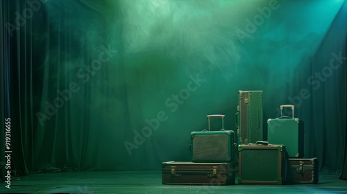 Stylish travel suitcases displayed on a stage against a vibrant green background - ideal for travel promotions, packing essentials, and vacation planning photo