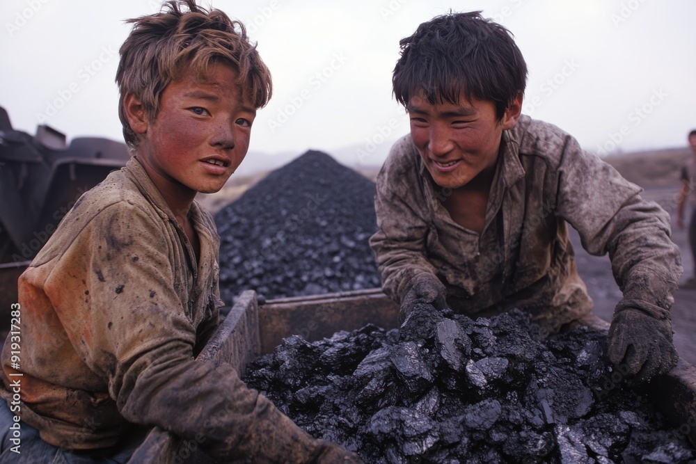 Two young boys, faces smeared with coal dust, work diligently in a coal mining area, embody the tough conditions and child labor challenges in mining operations. Two young boys, faces smeared with coal dust, work diligently in a coal mining area, embody the tough conditions and child labor challenges in mining operations.