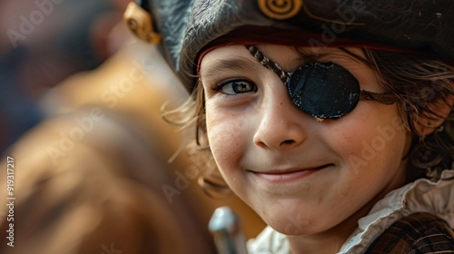 Mischievous Pirate Child Close-Up with Eye Patch and Tricorn Hat