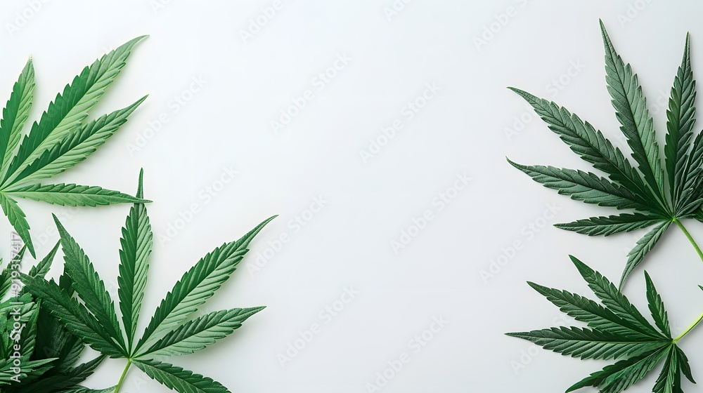 Marijuana leaves on a white background, close up top view on cannabis leaves and branches on white background for alternative medical and marketing design concept Marijuana leaves on a white background, close up top view on cannabis leaves and branches on white background for alternative medical and marketing design concept