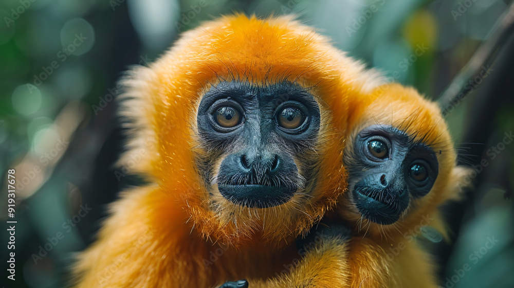 two orange-furred monkeys, a mother holding a baby. two orange-furred monkeys, a mother holding a baby.