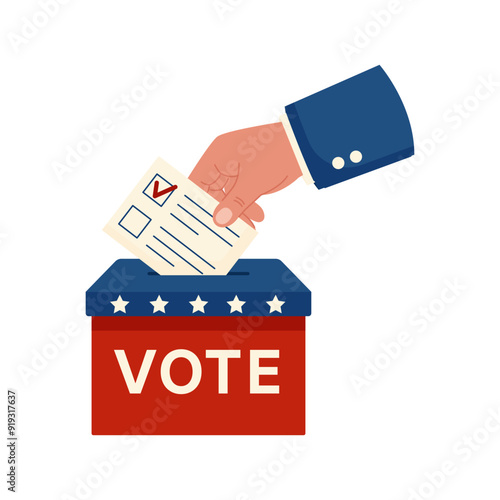 Election day USA. Vote ballot box. Hand putting paper in the ballot box. Person exercising the right to vote in election campaign