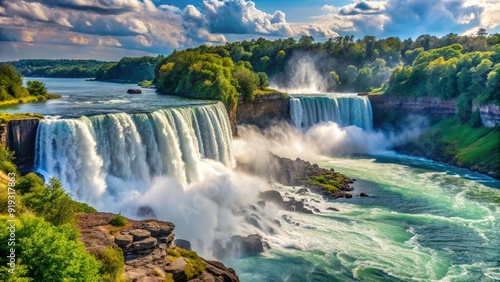 Majestic Niagara Falls cascades down rugged cliffs surrounded by lush greenery and misty veil at the scenic Niagara Falls State Park in upstate New York.