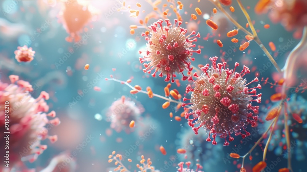 3D illustration of COVID-19 virus particles, depicting the virus's structure and impact 3D illustration of COVID-19 virus particles, depicting the virus's structure and impact