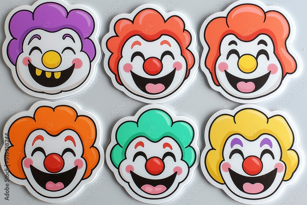 Six Colorful Smiling Clown Faces Stickers Six Colorful Smiling Clown Faces Stickers