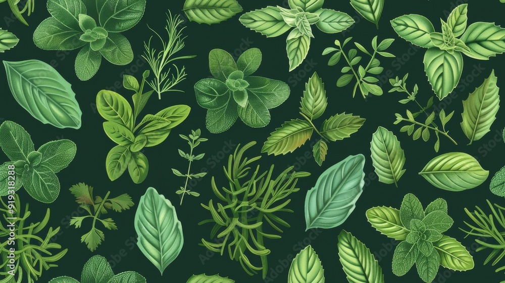 A vibrant pattern of green herbs with a dark background.