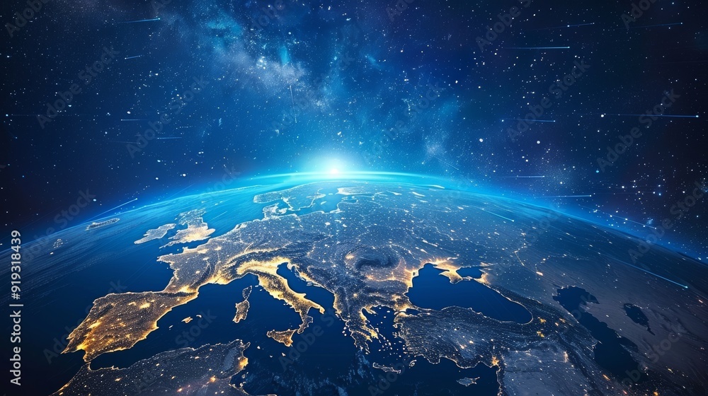 Obraz premium 3D Earth with visible cloud atmosphere and city lights in Europe at night