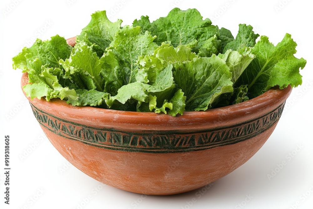 Fresh green and purple lettuce leaves in a rustic clay bowl. Fresh green and purple lettuce leaves in a rustic clay bowl.