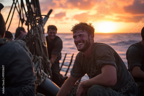 A group of men on a boat, laughing and smiling, with a stunning sunset in the background, showcasing camaraderie and the joy of being together on an adventure.