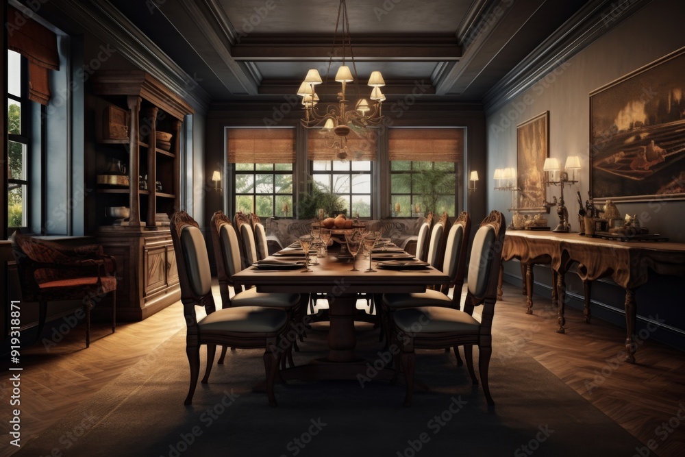 Fototapeta premium Elegant Dining Room with Dark Wood and Warm Lighting