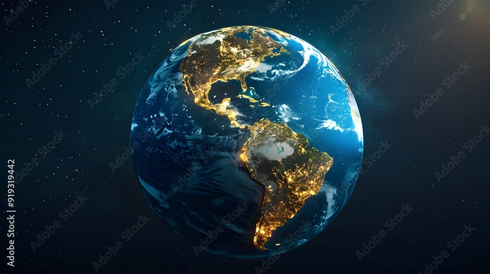 Obraz premium A satellite view of the Earth with gold highlights marking major gold mines and reserves worldwide