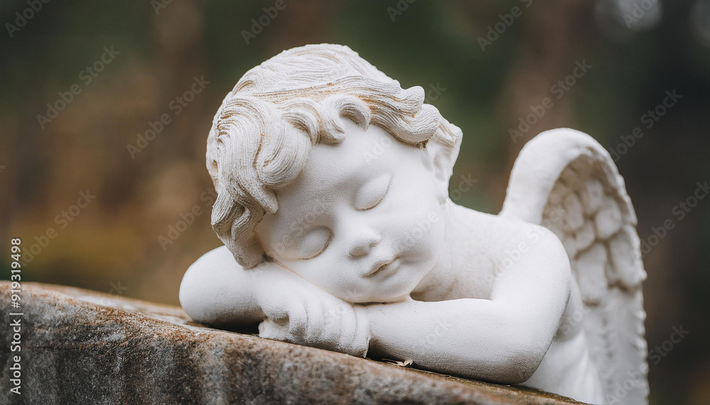 White stone sculpture of sleeping guardian angel. Antique statue with closed eyes. Religion concept White stone sculpture of sleeping guardian angel. Antique statue with closed eyes. Religion concept