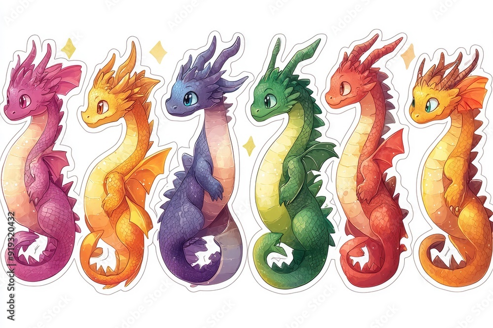 Fototapeta premium Adorable Rainbow Dragons Illustration