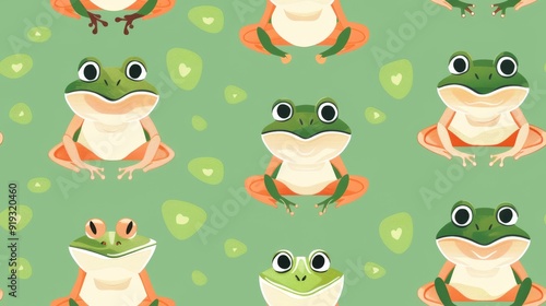 A fun and playful pattern of green frogs against a green background.