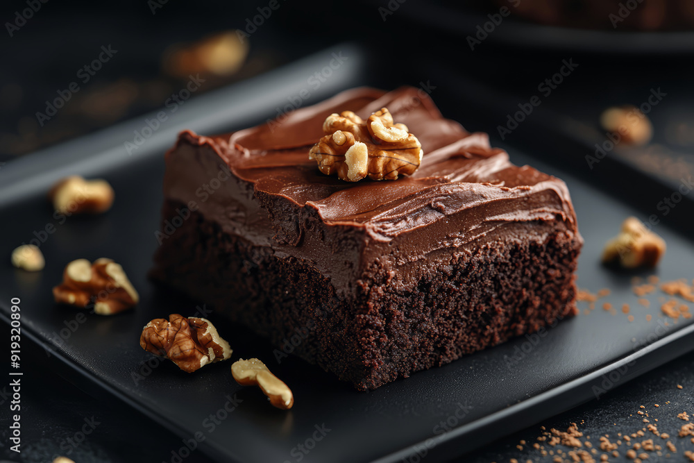 A slice of chocolate brownie with walnut piece on top A slice of chocolate brownie with walnut piece on top