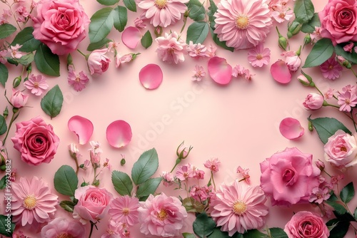 Flat lay of pink roses and petals arranged in a circular pattern on a pastel pink background.