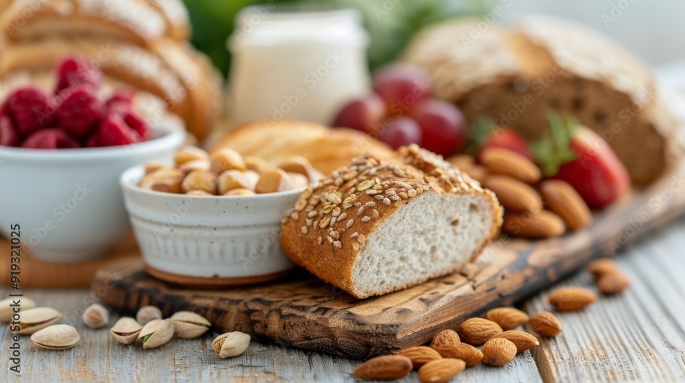 Freshly Baked Breads And Nuts Arranged On A Wooden Platter With Berries Freshly Baked Breads And Nuts Arranged On A Wooden Platter With Berries