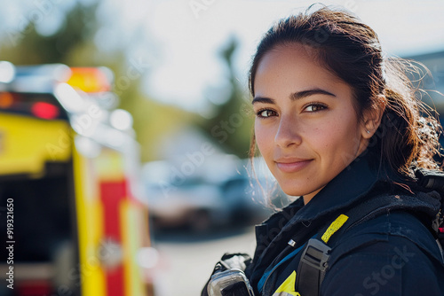 Hispanic female first responder portrait on a sunny day