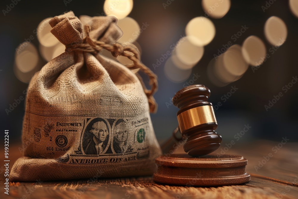 High-quality professional photo banner of a dollar bag and judge's gavel on a wooden table, symbolizing financial and legal concepts with a bokeh background. High-quality professional photo banner of a dollar bag and judge's gavel on a wooden table, symbolizing financial and legal concepts with a bokeh background.