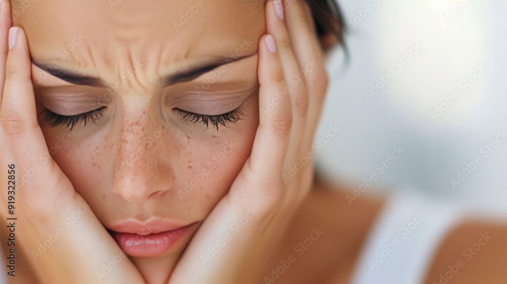 Young Woman Experiencing Stress With Hands on Face in Bright Room During Daylight Young Woman Experiencing Stress With Hands on Face in Bright Room During Daylight