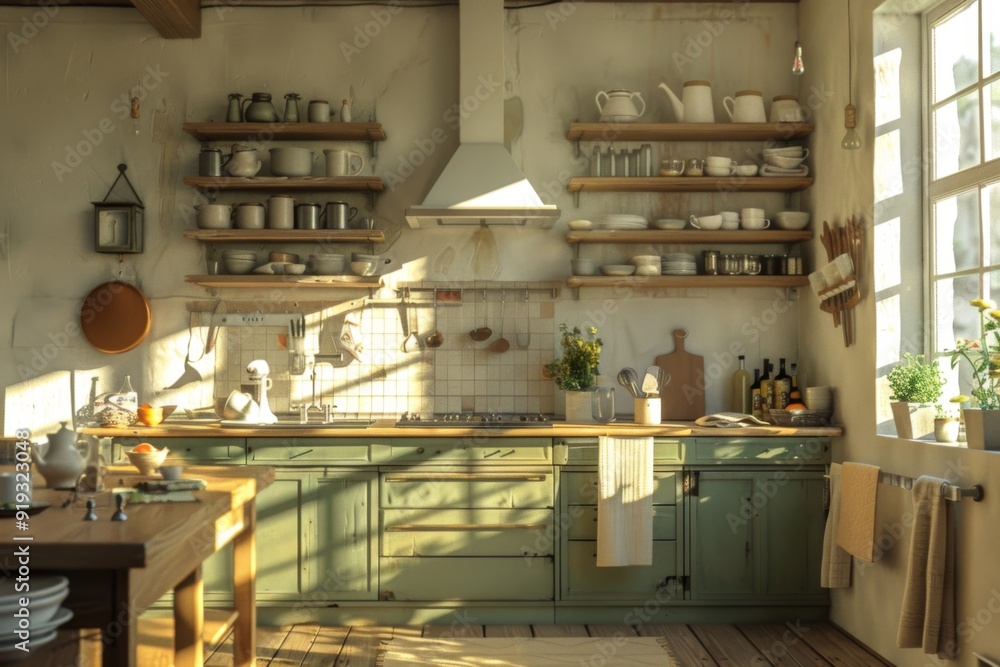 Rustic Kitchen with Wooden Shelves and Green Cabinets Rustic Kitchen with Wooden Shelves and Green Cabinets