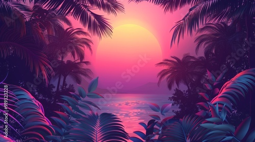 Tropical summer sunset background with silhouetted palm trees and vibrant orange sky     ideal for vacation  beach party  and travel-themed posters  flyers  invitations  and greeting cards     vector illu