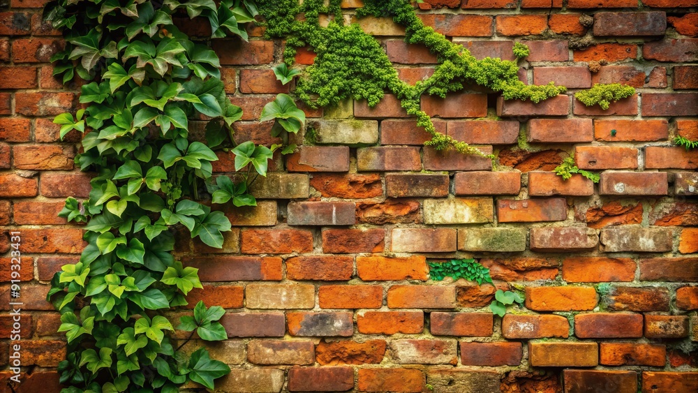 Old rustic red bricks with moss and ivy growing on them, forming a worn and weathered exterior wall with a distressed, vintage aesthetic. Old rustic red bricks with moss and ivy growing on them, forming a worn and weathered exterior wall with a distressed, vintage aesthetic.
