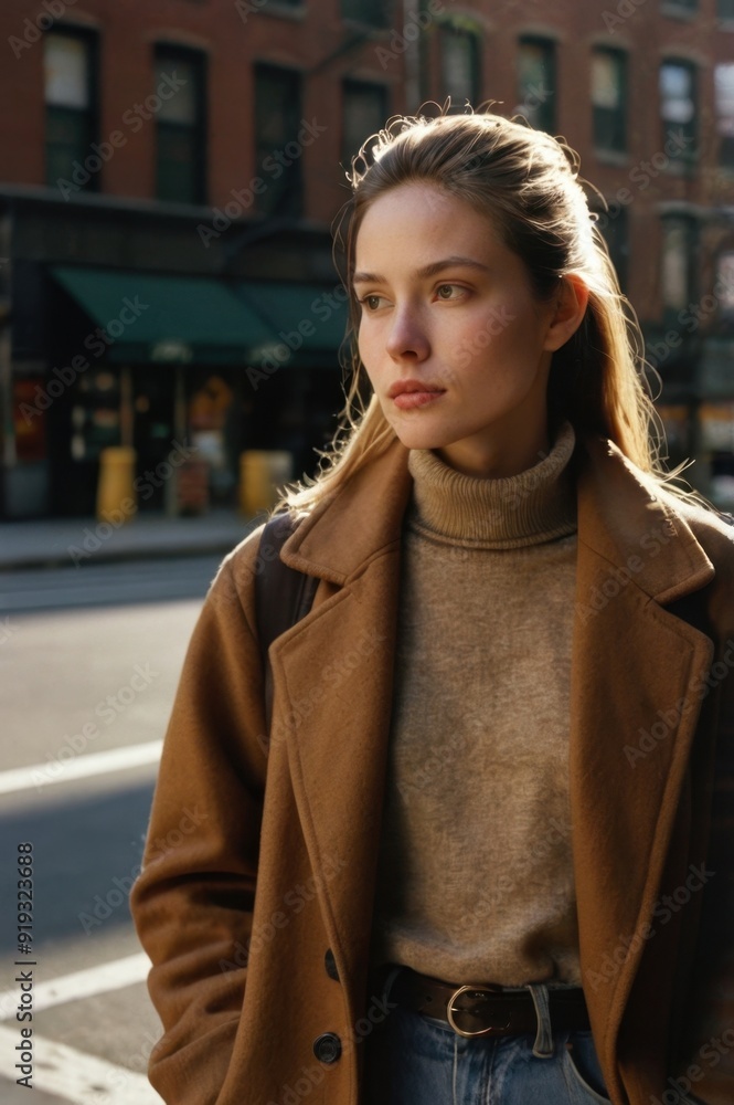 Obraz premium Chic Street Style: A Woman with Long Hair in a Brown Coat
