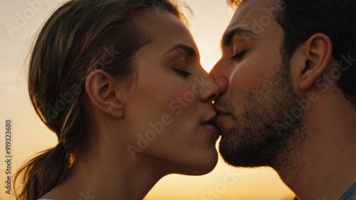 Romantic Sunset Kiss: A Couple Embracing on the Beach