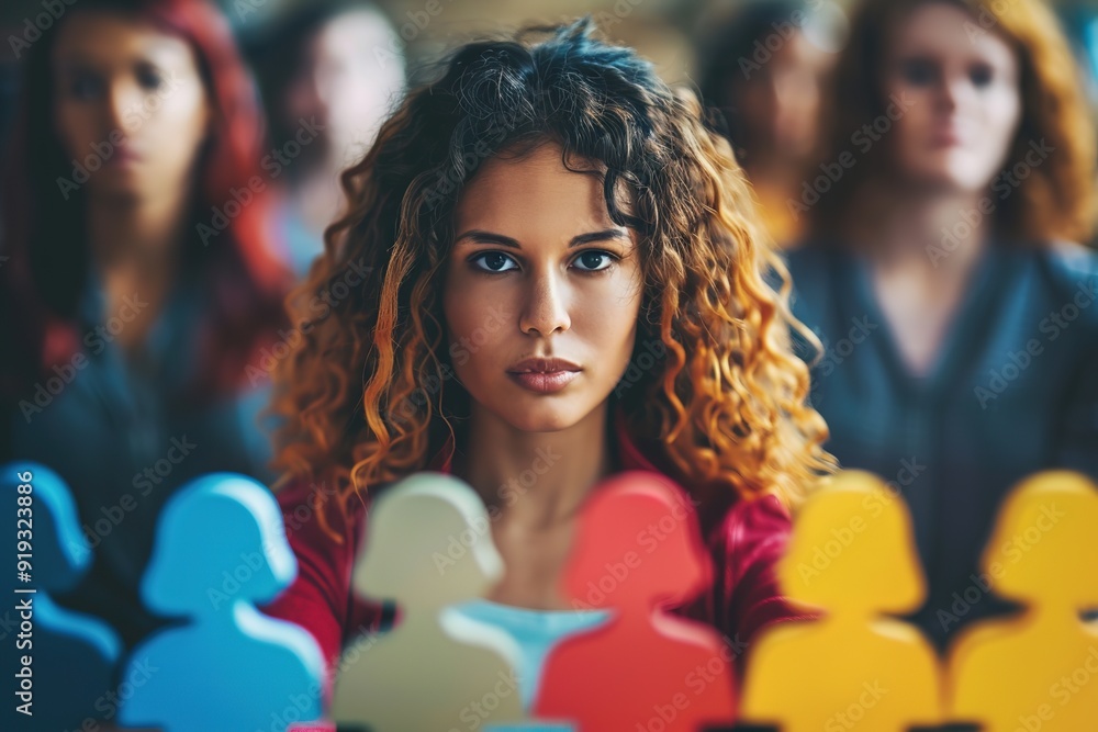 Obraz premium Focused woman amidst blurred figures in meeting