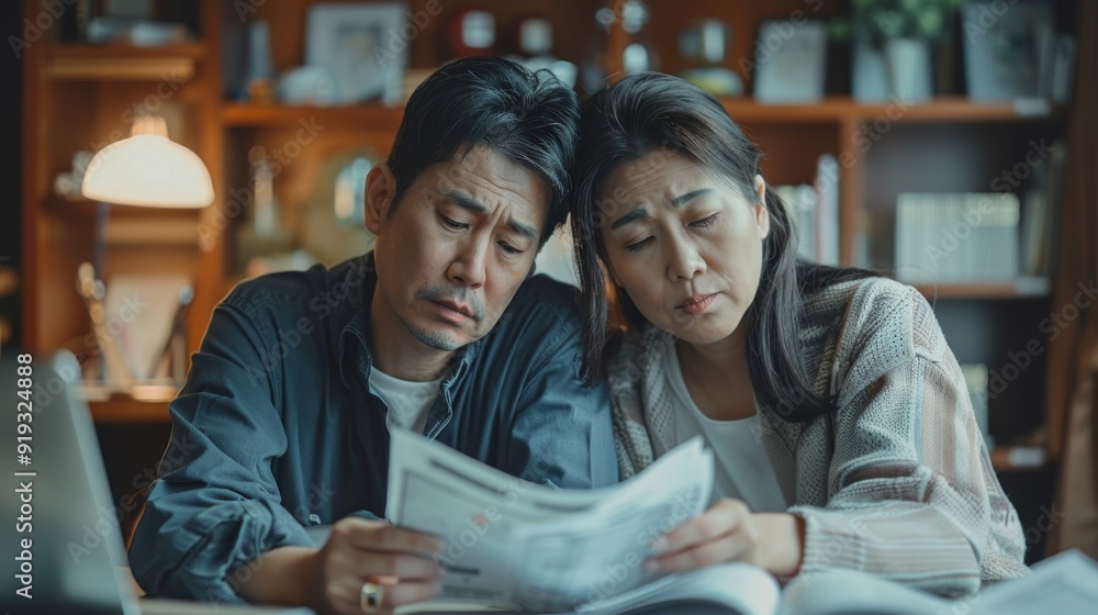 Fototapeta premium Asian couple at home, stressed and worried about past due bills and financial crisis
