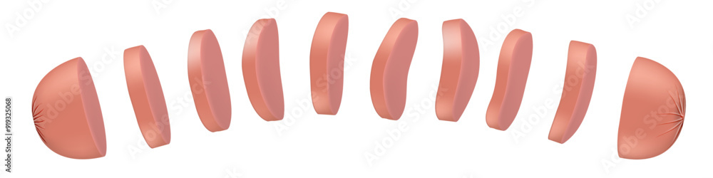 Flying Sliced Pieces Of Sausage Isolated On Blue Flying Sliced Pieces Of Sausage Isolated On Blue