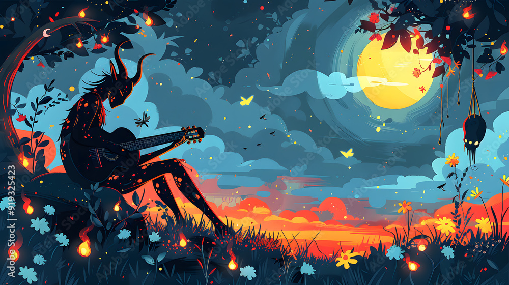 Digital illustration painting design style a man as devil playing guitar Digital illustration painting design style a man as devil playing guitar
