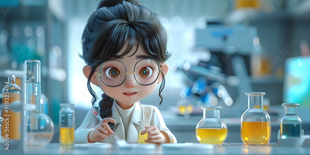 3D Asian researcher working in a laboratory, surrounded by beakers, flasks, and test tubes, highlighting a dynamic scientific environment. The scene captures the essence of innovation, research, and d 3D Asian researcher working in a laboratory, surrounded by beakers, flasks, and test tubes, highlighting a dynamic scientific environment. The scene captures the essence of innovation, research, and d