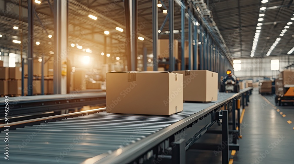 Cardboard boxes move steadily along a conveyor belt amid a bustling warehouse filled with packages, illuminated by warm sunlight Cardboard boxes move steadily along a conveyor belt amid a bustling warehouse filled with packages, illuminated by warm sunlight