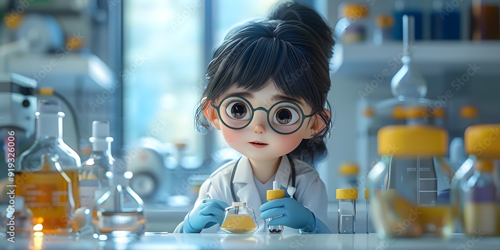 3D Asian researcher working in a laboratory, surrounded by beakers, flasks, and test tubes, highlighting a dynamic scientific environment. The scene captures the essence of innovation, research, and d 3D Asian researcher working in a laboratory, surrounded by beakers, flasks, and test tubes, highlighting a dynamic scientific environment. The scene captures the essence of innovation, research, and d