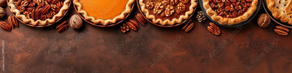 Assortment of pecan and pumpkin pies with a rustic brown background. Assortment of pecan and pumpkin pies with a rustic brown background.