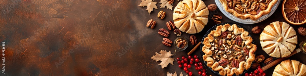 Pumpkin and pecan pies with fall decorations. Pumpkin and pecan pies with fall decorations.