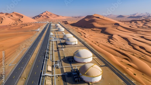 Liquid Gold Amidst the Dunes: An aerial perspective of a sprawling oil refinery, its gleaming white storage tanks contrasting sharply with the undulating red sand dunes of a vast desert landscape. 