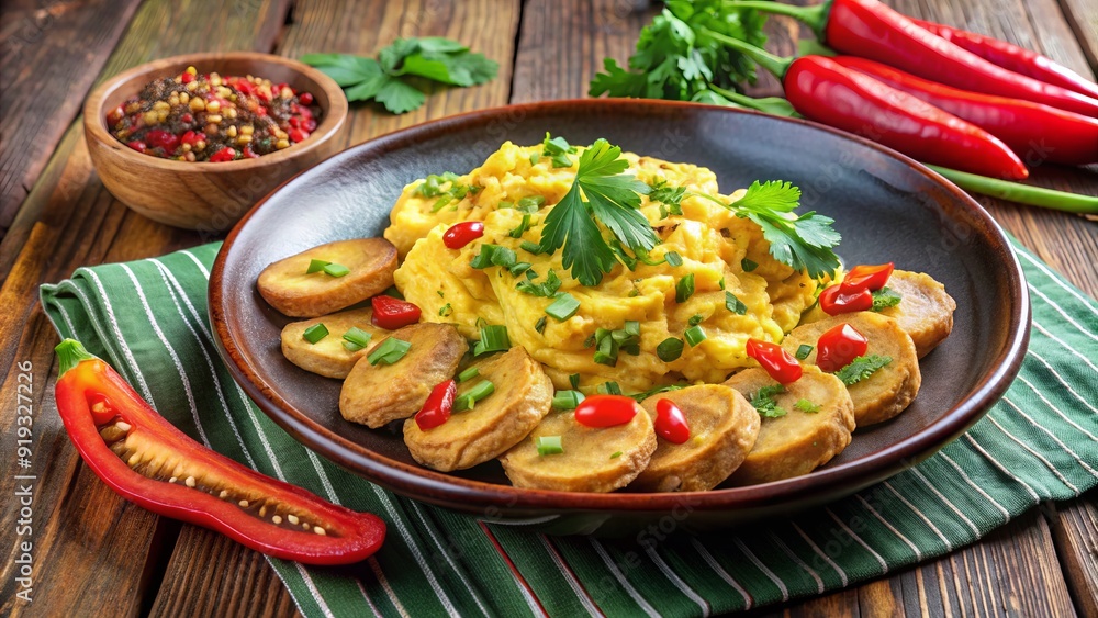 Ripe plantains sliced and served alongside scrambled eggs on a vibrant ceramic plate, surrounded by fresh cilantro and a sprinkle of red pepper flakes. Ripe plantains sliced and served alongside scrambled eggs on a vibrant ceramic plate, surrounded by fresh cilantro and a sprinkle of red pepper flakes.