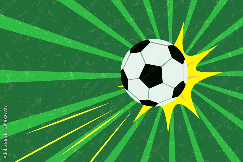 Obraz premium Football victory concept. Kicked ball hitting the goal. Vintage retro pop image on textured green background