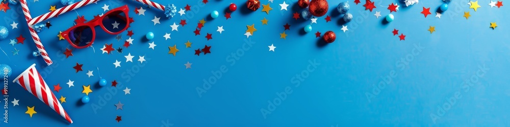 Fototapeta premium A festive blue background with red, white, and gold confetti and party supplies.